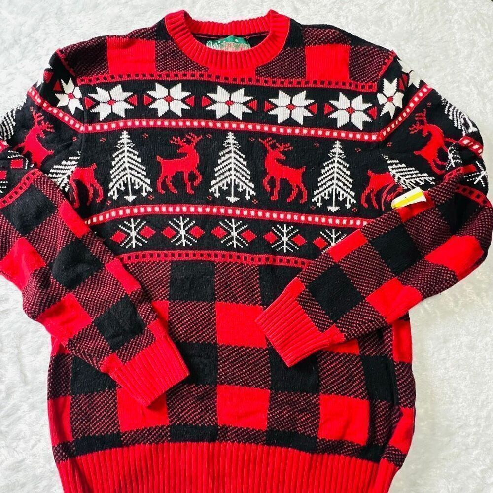 Ugly Christmas Sweater Womens Red Black Reindeer Plaid Knit Sweater Medium NWOT